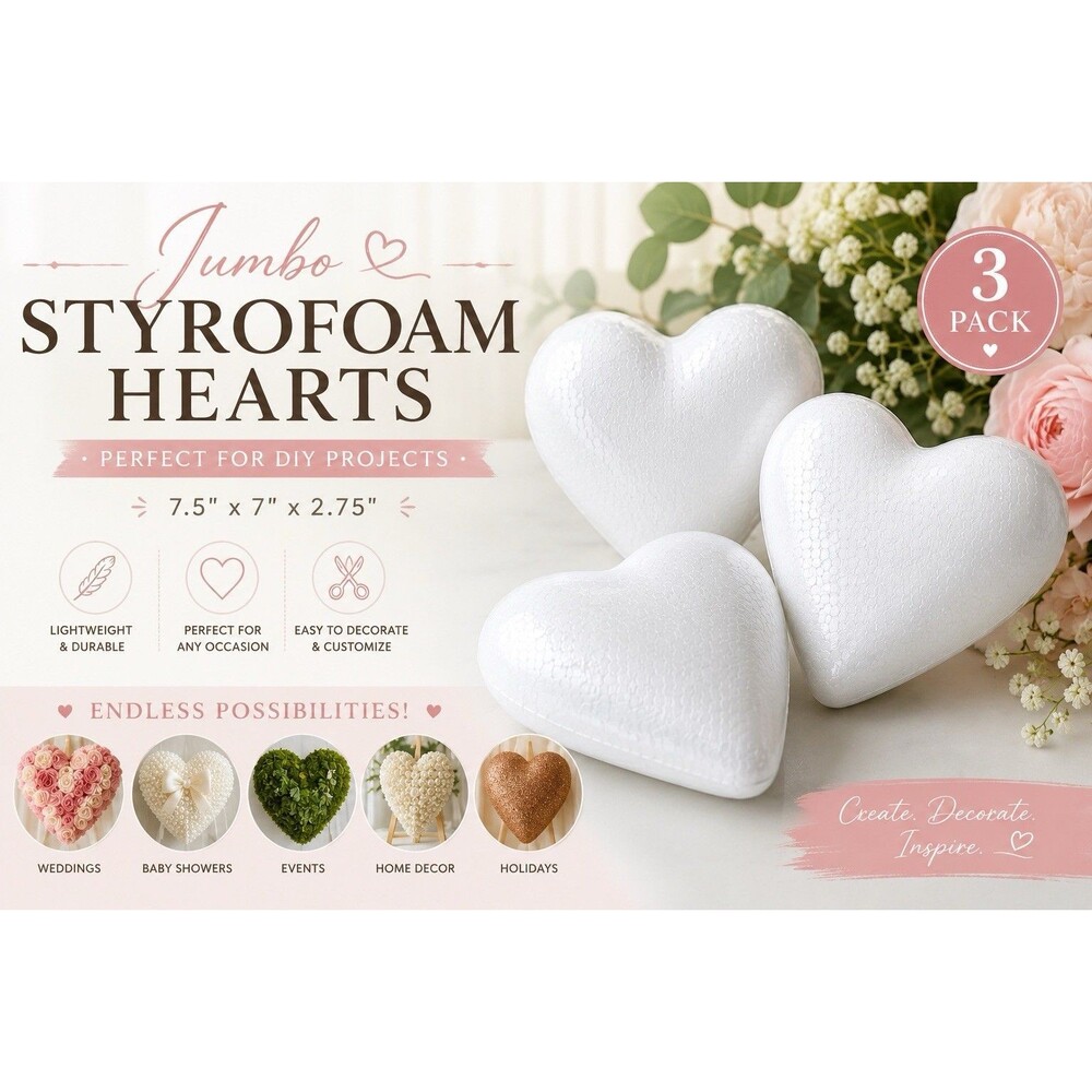 3 Pack White Polystyrene Foam Hearts Crafting DIY Crafts Decorative 7.5x7x2.75in